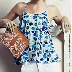 Anthropologie Maeve Zaballa 100% Silk Polka Dot Ruffle Tank Top Aqua Blue Size 4